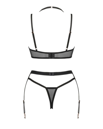 Комплект белья Obsessive Selinne 3-pcs set XL/2XL Black, бюстгальтер, стринги пояс для чулок || 
