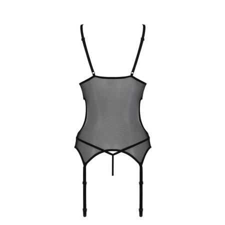 Корсет с подвязками и ажурным лифом Christa Corset black S/M — Passion, стринги в комплекте || 