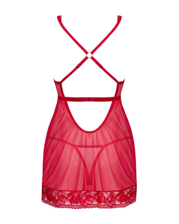 Прозрачная сорочка бэби-долл Obsessive Lacelove babydoll & thong XS/S Red, кружево, стринги || 