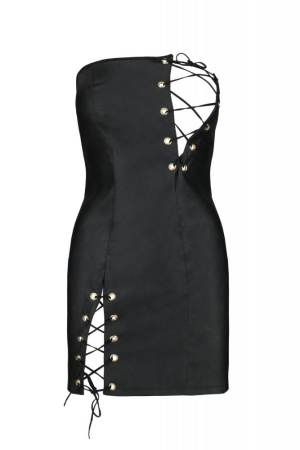 Мини-платье из экокожи Passion Celine Chemise 4XL/5XL black, шнуровка, трусики в комплекте || 