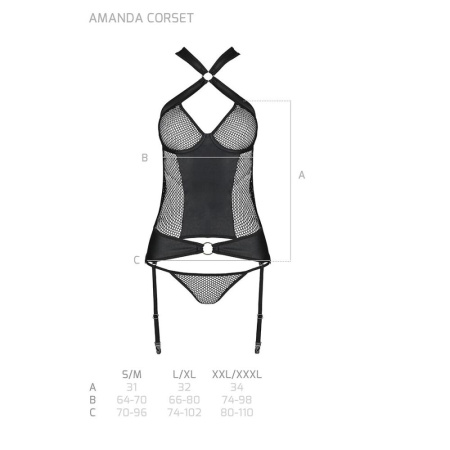 Сетчатый комплект корсет с халтером, съемные подвязки и трусики Amanda Corset black S/M - Passion || 