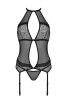 Корсет с пажами Passion SATARA CORSET L/XL black, стринги, кружево, застежки спереди и сзади || 