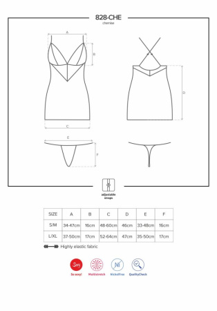 Сатиновый комплект для сна с кружевом Obsessive 828-CHE-1 chemise & thong S/M, черный, сорочка, стри || 