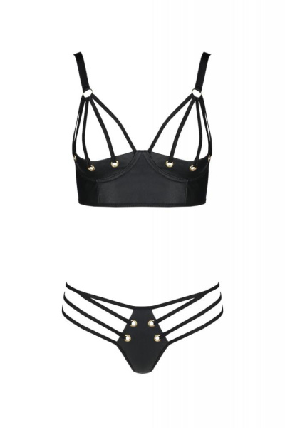 Комплект из экокожи Passion Malwia Bikini 6XL/7XL black, с люверсами и ремешками, бра, трусики