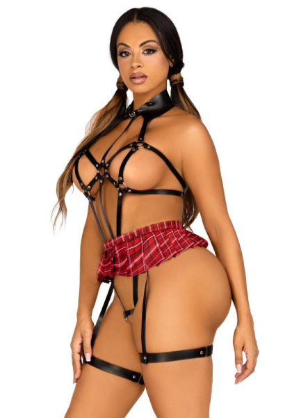 BDSM-костюм ученицы Leg Avenue Harness teddy & skirt L Black, портупея, мини-юбка, экокожа