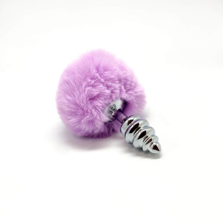 Металлическая анальная пробка Кроличий хвостик Alive Fluffy Twist Plug S Purple, диаметр 2,9 см || 
