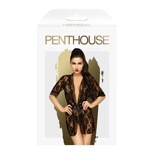 Комплект пеньюар с декором в виде роз и стрингами Penthouse - Sweet Retreat Black S/L