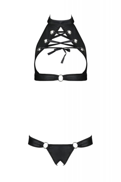 Комплект из экокожи Passion Malwia Set with Open Bra 4XL/5XL black, топ и трусики с люверсами
