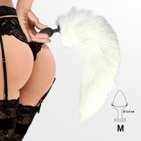 Силиконовая анальная пробка с хвостом из натурального меха Art of Sex size M White fox || 