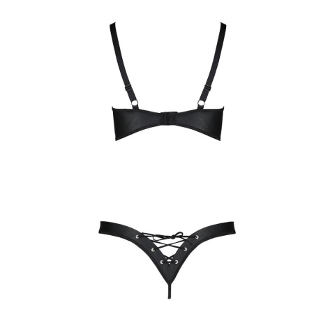 Комплект из экокожи Celine Bikini black L/XL — Passion: открытый бра с лентами, стринги со шнуровкой || 