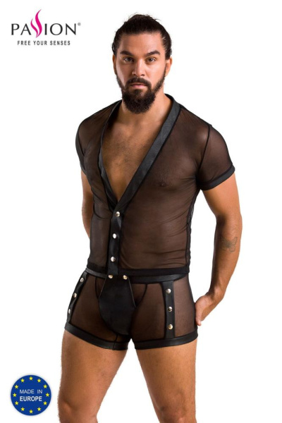 Комплект сетчатого мужского белья Passion 052 Set Michael L/XL Black, рубашка, боксеры, заклепки