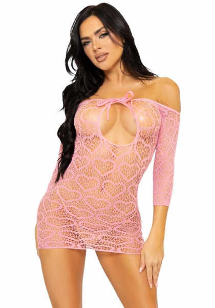 Платье-сетка с сердечками Leg Avenue Heart net mini dress Pink, завязки, открытые плечи, one size