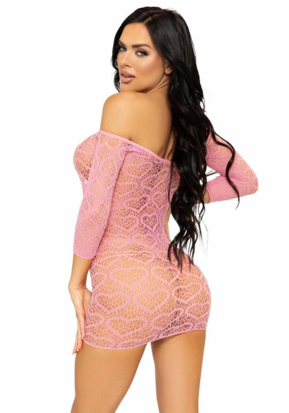 Платье-сетка с сердечками Leg Avenue Heart net mini dress Pink, завязки, открытые плечи, one size