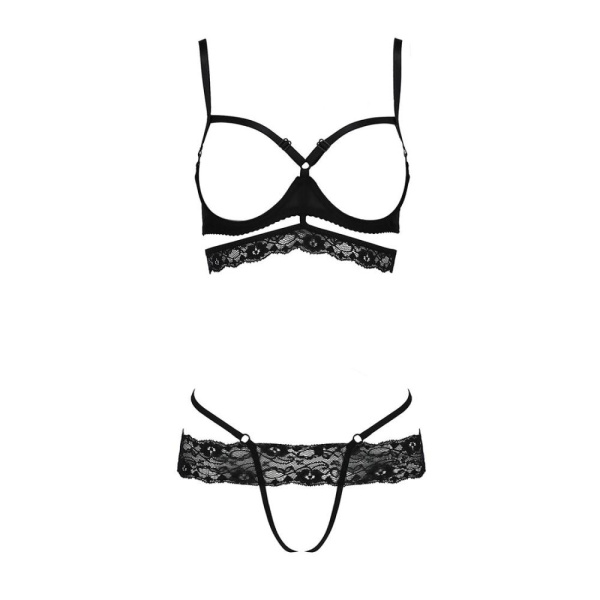 Комплект белья из стреп Passion SARIA SET S/M Black, открытый доступ, открытая чашка, кружево