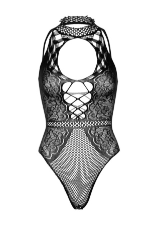 Leg Avenue Net and lace halter bodysuit OS Black || 