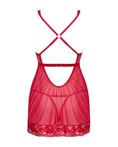 Прозрачная сорочка бэби-долл Obsessive Lacelove babydoll & thong XS/S Red, кружево, стринги