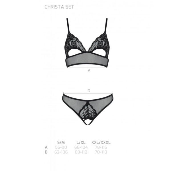 Комплект: браллет с ажурным лифом и открытыми трусиками Christa Set with Open Bra black L/XL — Passi