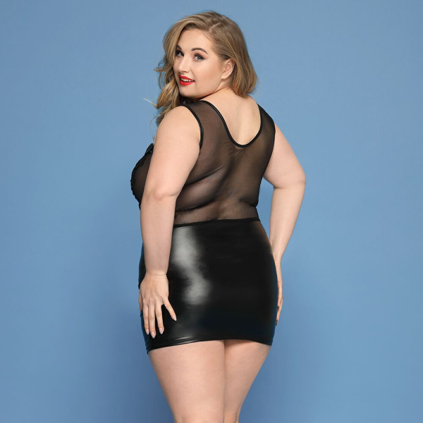 Элегантное платье JSY «Леди София» Plus Size, black, мелкая сетка, вышивка, экокожа