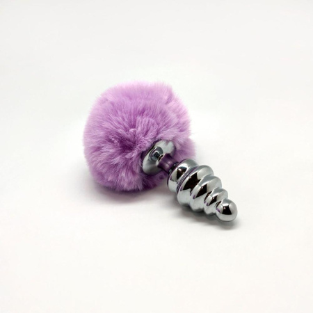 Металлическая анальная пробка Кроличий хвостик Alive Fluffy Twist Plug M Purple, диаметр 3,4 см || 