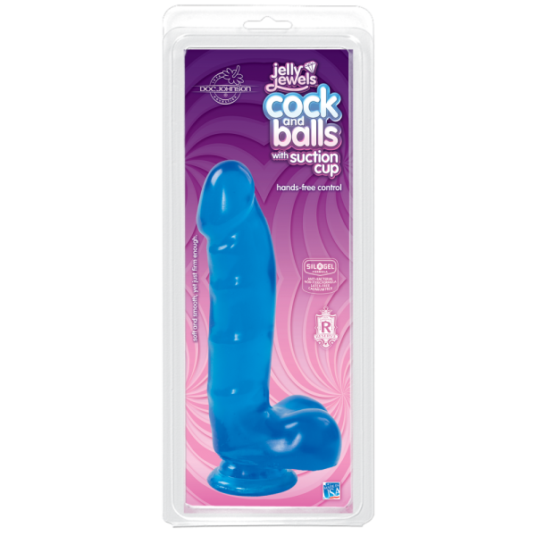 Фаллоимитатор Doc Johnson Jelly Jewels Cock & Balls Blue, диаметр 3,6см, антибактериальный ПВХ