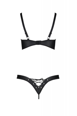 Комплект из экокожи Passion Celine Bikini 6XL/7XL black, открытый бра, стринги со шнуровкой || 