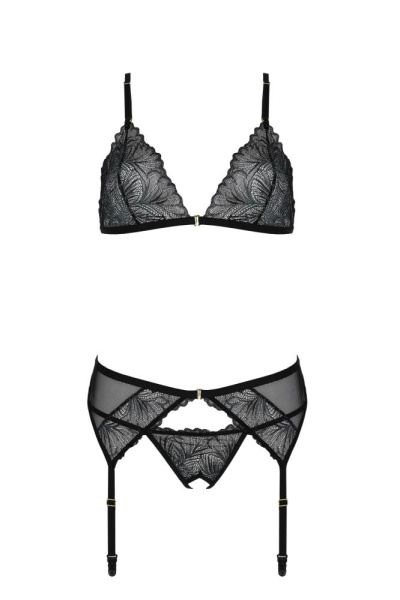 Комплект с открытым доступом Passion DELIENA SET L/XL black, лиф, стринги, пояс для чулок