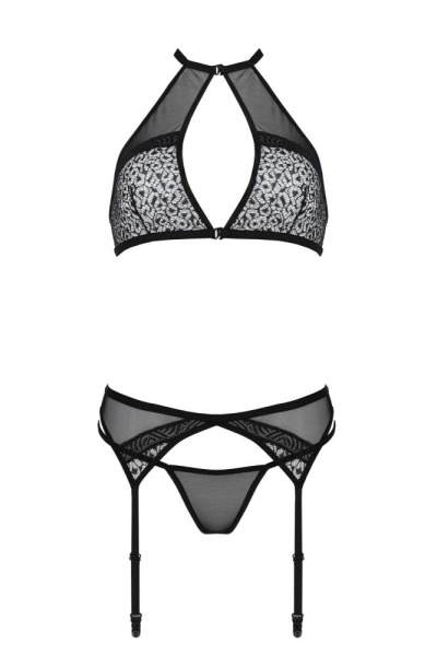 Комплект белья Passion SATARA SET L/XL black, топ, пояс для чулок, стринги