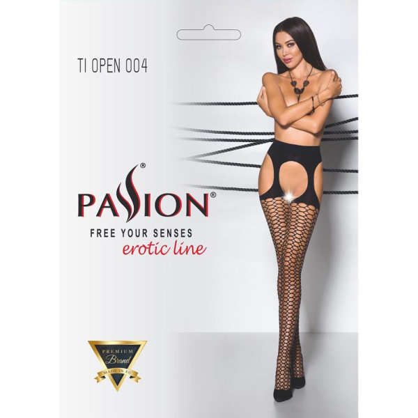 Эротические колготки TIOPEN 004 nero 1/2 (fishnet 40 den) - Passion, имитация чулок и пояса