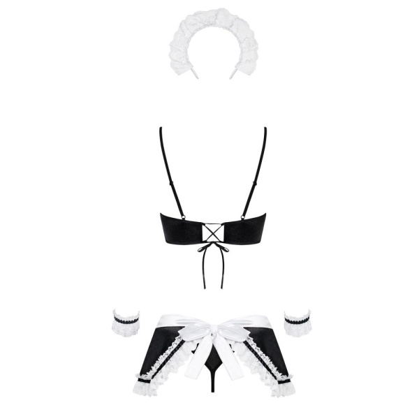 Атласный эротический костюм горничной Obsessive Maid set S/M, black, топ, юбка, стринги, манжеты, об