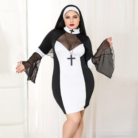 Эротический костюм монашки JSY «Грешница Лола» Plus Size Black, платье, крест, апостольник || 
