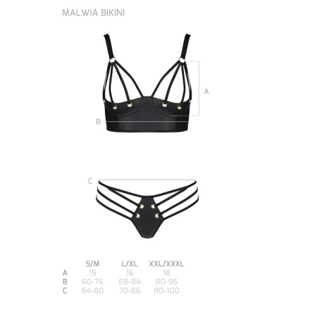 Комплект из эко-кожи с люверсами и ремешками Malwia Bikini black S/M — Passion, бра и трусики || 