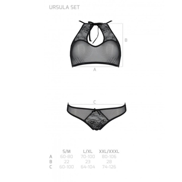 Комплект: бра, трусики с ажурным декором и открытым шагом Ursula Set black L/XL — Passion