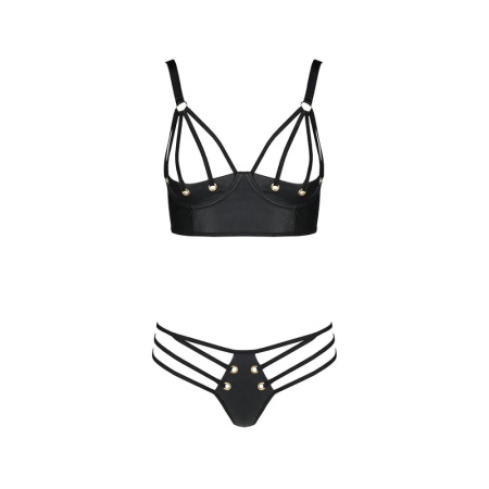 Комплект из эко-кожи с люверсами и ремешками Malwia Bikini black L/XL — Passion, бра и трусики || 