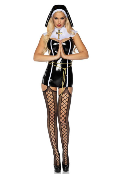 Виниловый костюм монашки Leg Avenue Sinful Sister XS, комбинезон, воротник, пояс, головной убор