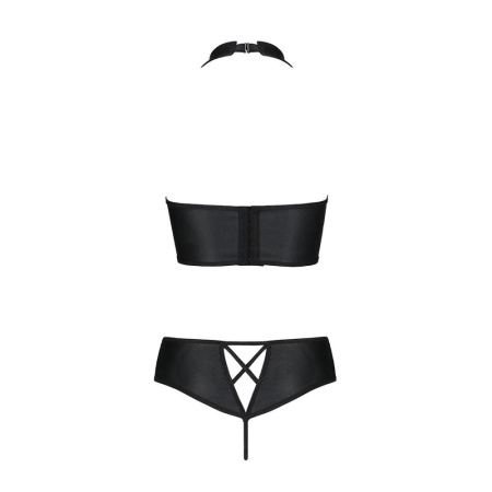 Комплект из эко-кожи Nancy Bikini black S/M - Passion, бра и трусики с имитацией шнуровки || 