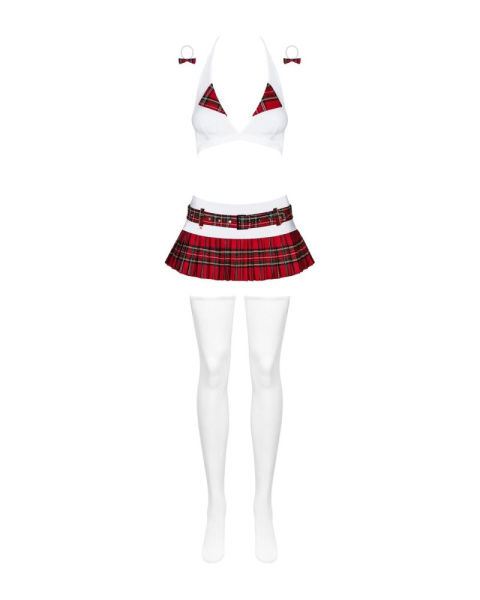 Эротический костюм школьницы с мини-юбкой Obsessive Schooly 5pcs costume S/M, бело-красный, топ, юбк