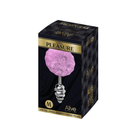 Металлическая анальная пробка Кроличий хвостик Alive Fluffy Twist Plug M Purple, диаметр 3,4 см || 