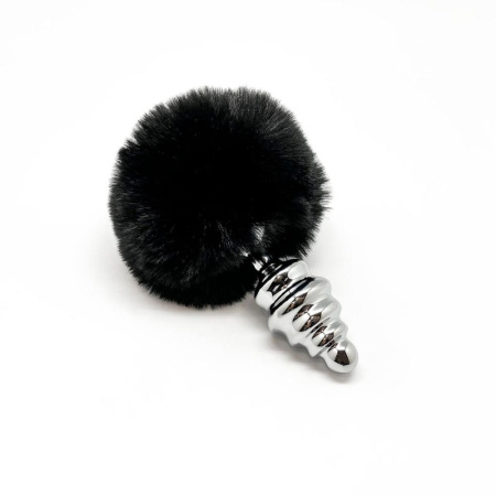 Металлическая анальная пробка Кроличий хвостик Alive Fluffy Twist Plug M Black, диаметр 3,4 см || 