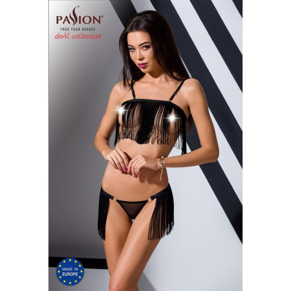 Комплект белья KASSANDRA SET OpenBra black S/M - Passion Exclusive: лиф из бахромы, трусики-юбка