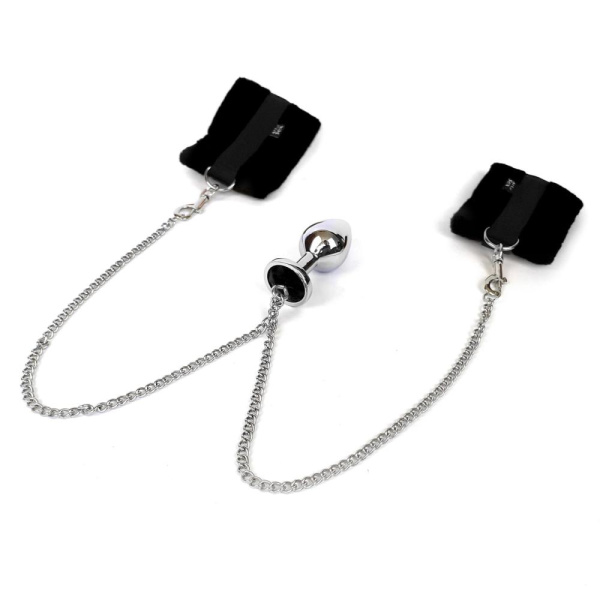 Наручники с металлической анальной пробкой Art of Sex Handcuffs with Metal Anal Plug  size M Black