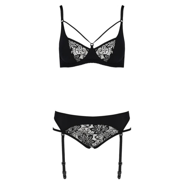 Комплект белья PAULINE SET black L/XL Passion: стрэпы: лиф, стринги и пояс для чулок