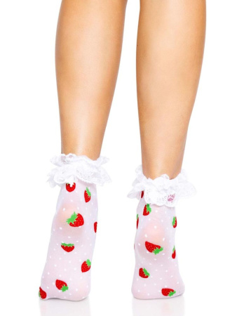 Носки женские с клубничным принтом Leg Avenue Strawberry ruffle top anklets One size, кружевные манж || 