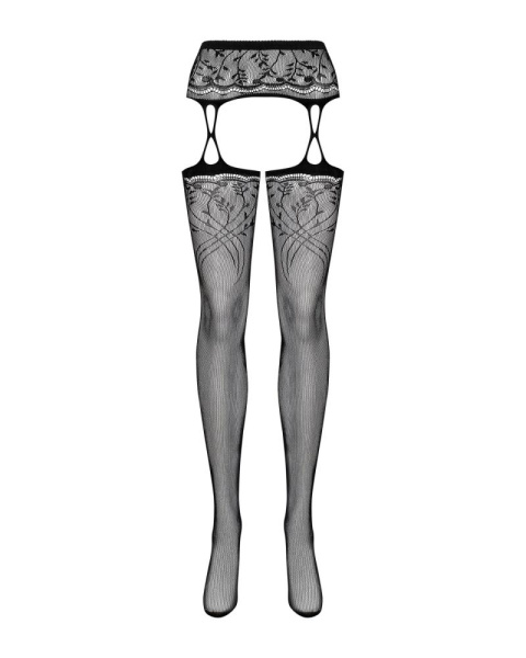 Чулки-стокинги с растительным рисунком Obsessive Garter stockings S206 black S/M/L черные, имитация