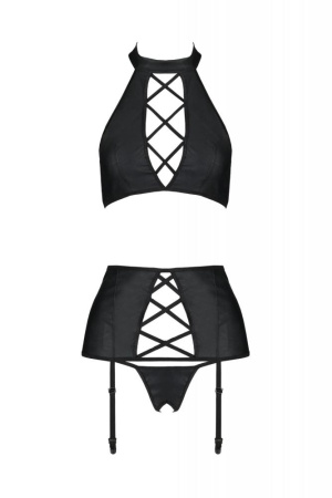 Комплект из экокожи Passion Nancy Set 4XL/5XL black, имитация шнуровки, топ, пояс для чулок || 