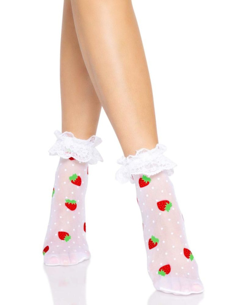 Носки женские с клубничным принтом Leg Avenue Strawberry ruffle top anklets One size, кружевные манж