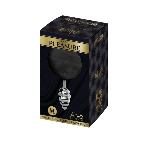 Металлическая анальная пробка Кроличий хвостик Alive Fluffy Twist Plug M Black, диаметр 3,4 см