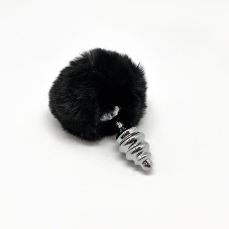 Металлическая анальная пробка Кроличий хвостик Alive Fluffy Twist Plug S Black, диаметр 2,9 см || 