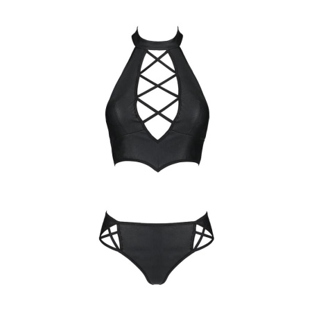 Комплект из эко-кожи Nancy Bikini black L/XL - Passion, бра и трусики с имитацией шнуровки || 