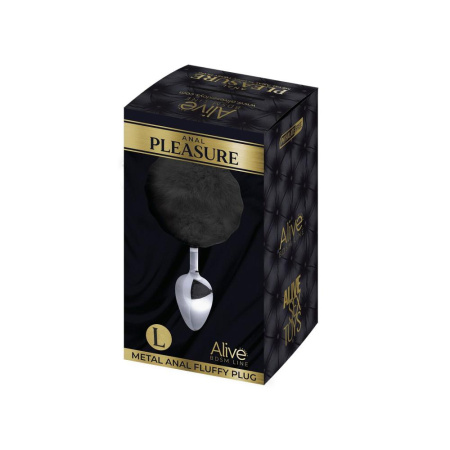 Металлическая анальная пробка Кроличий хвостик Alive Fluffy Plug L Black, диаметр 3,9 см || 