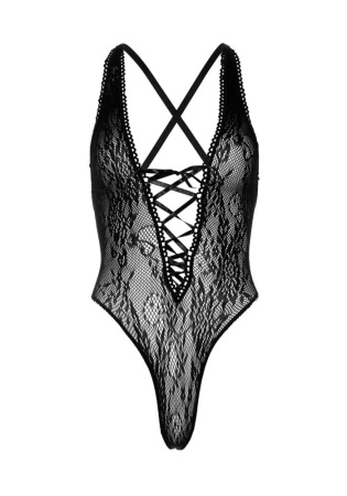 Кружевное боди Leg Avenue Floral lace thong teddy Black, шнуровка на груди, one size || 